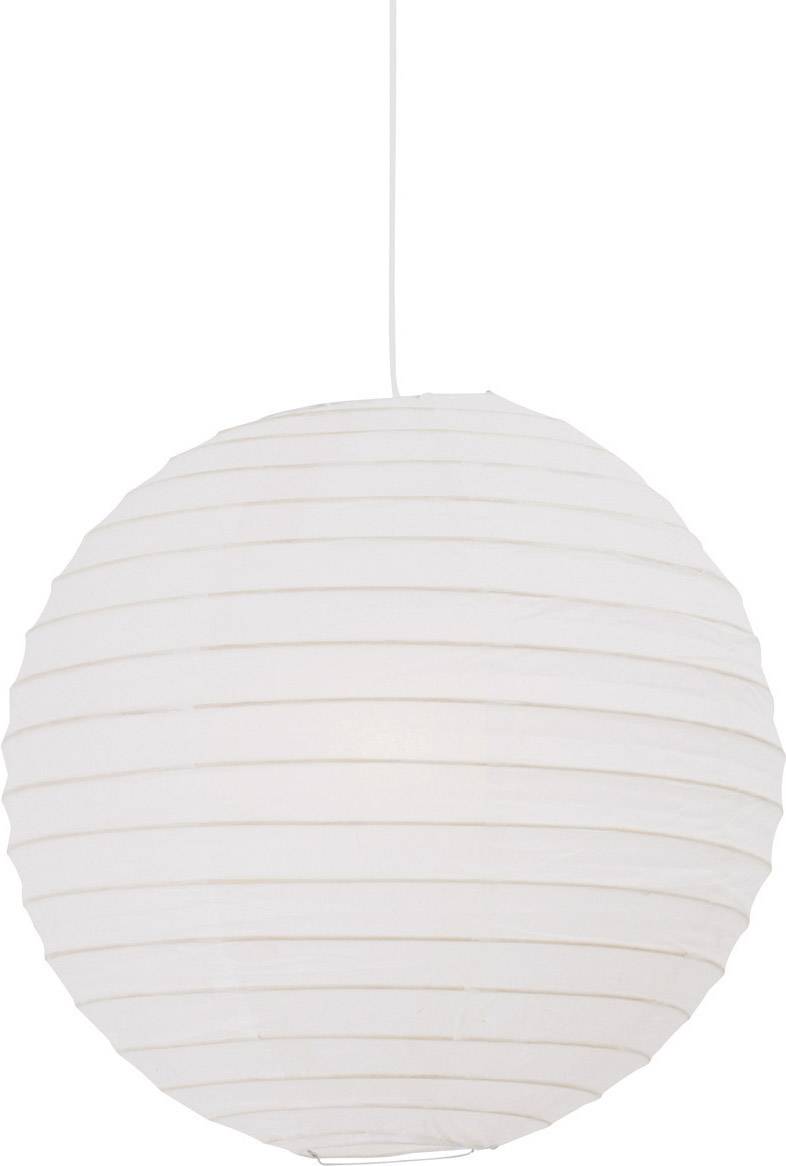 En enkel, rund papirlampe med hvid skærm hænger fra loftet.