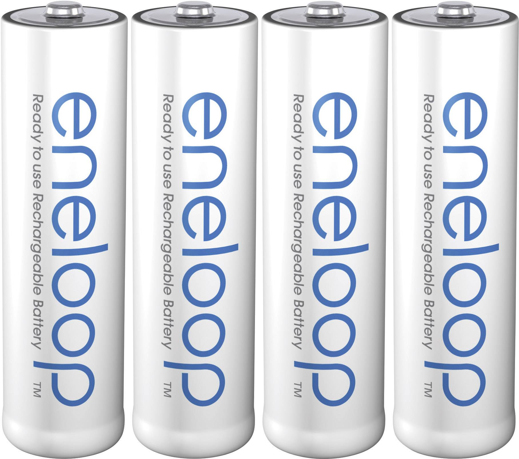 Fire hvide AA-batterier med blå påskrift 'eneloop', placeret ved siden af hinanden.