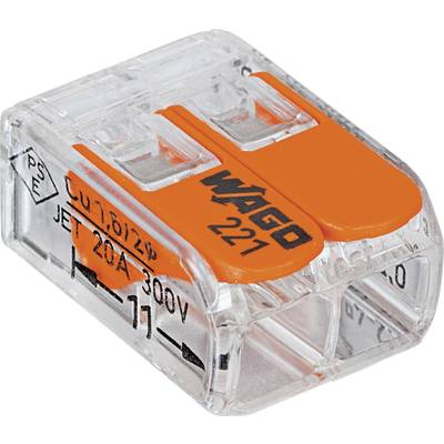 WAGO 221-412-1 221 Forbindelsesklemme fleksibel: 0.14-4 mm² stift: 0.2-4 mm² Poltal: 2 1 stk Transparent, Orange 