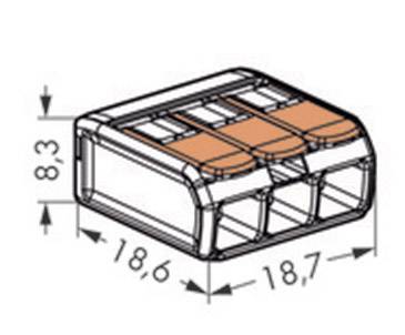 En teknisk tegning viser en transparent stikforbinder med tre indgange. Mål: 18,6 mm x 8,3 mm x 18,7 mm.