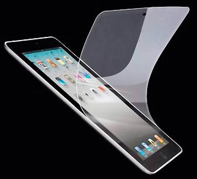 Et tablet med en beskyttende, gennemsigtig displayfilm, der løftes for at vise skærmen og tasterne nedenunder.