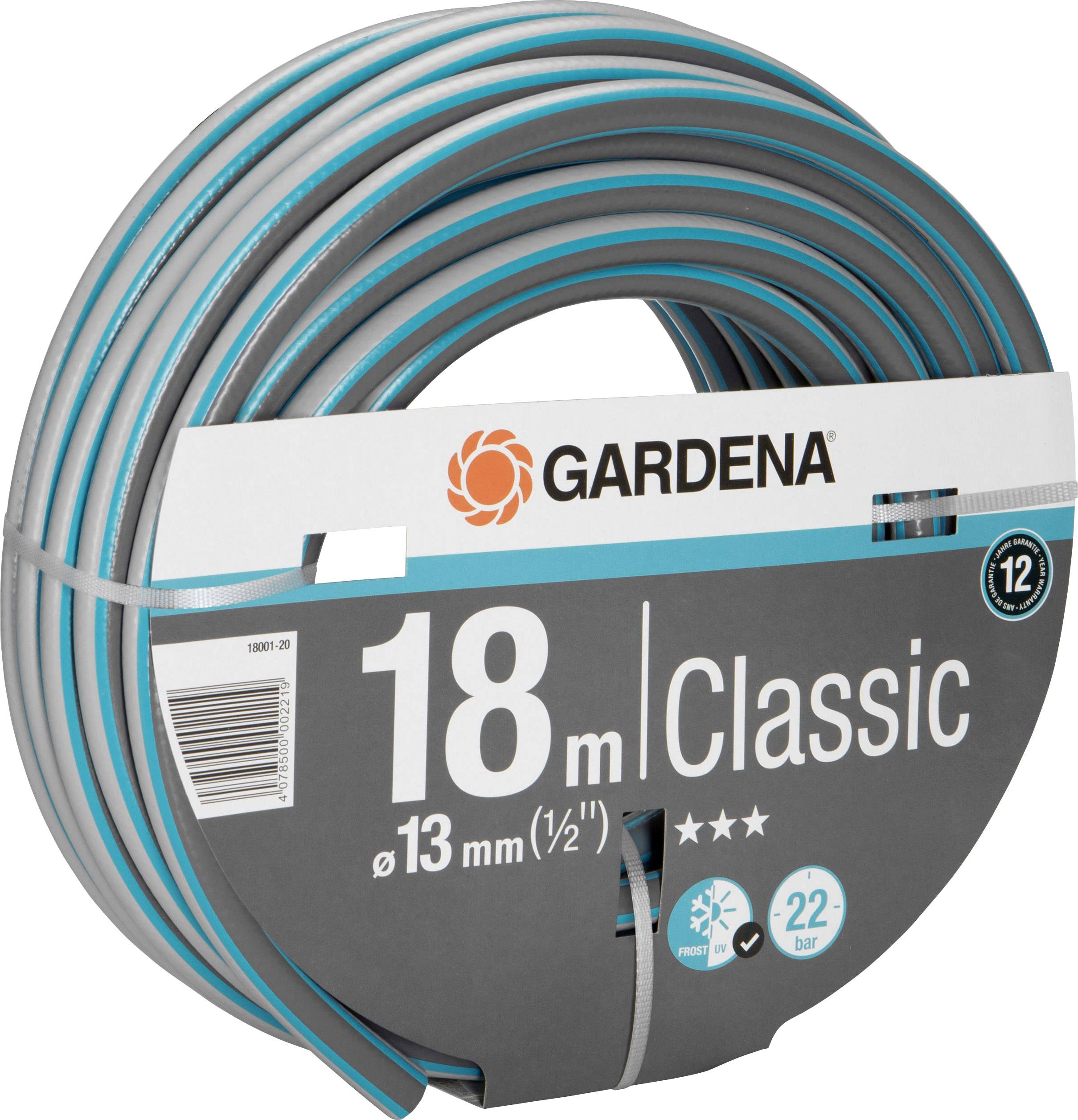 Haveslange fra Gardena, 18 meter lang, 13 mm i diameter, egnet til op til 22 bar tryk, grå slange med blå striber.