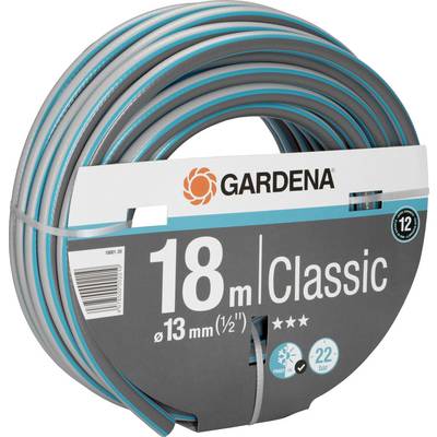 Haveslange fra Gardena, 18 meter lang, 13 mm i diameter, egnet til op til 22 bar tryk, grå slange med blå striber.