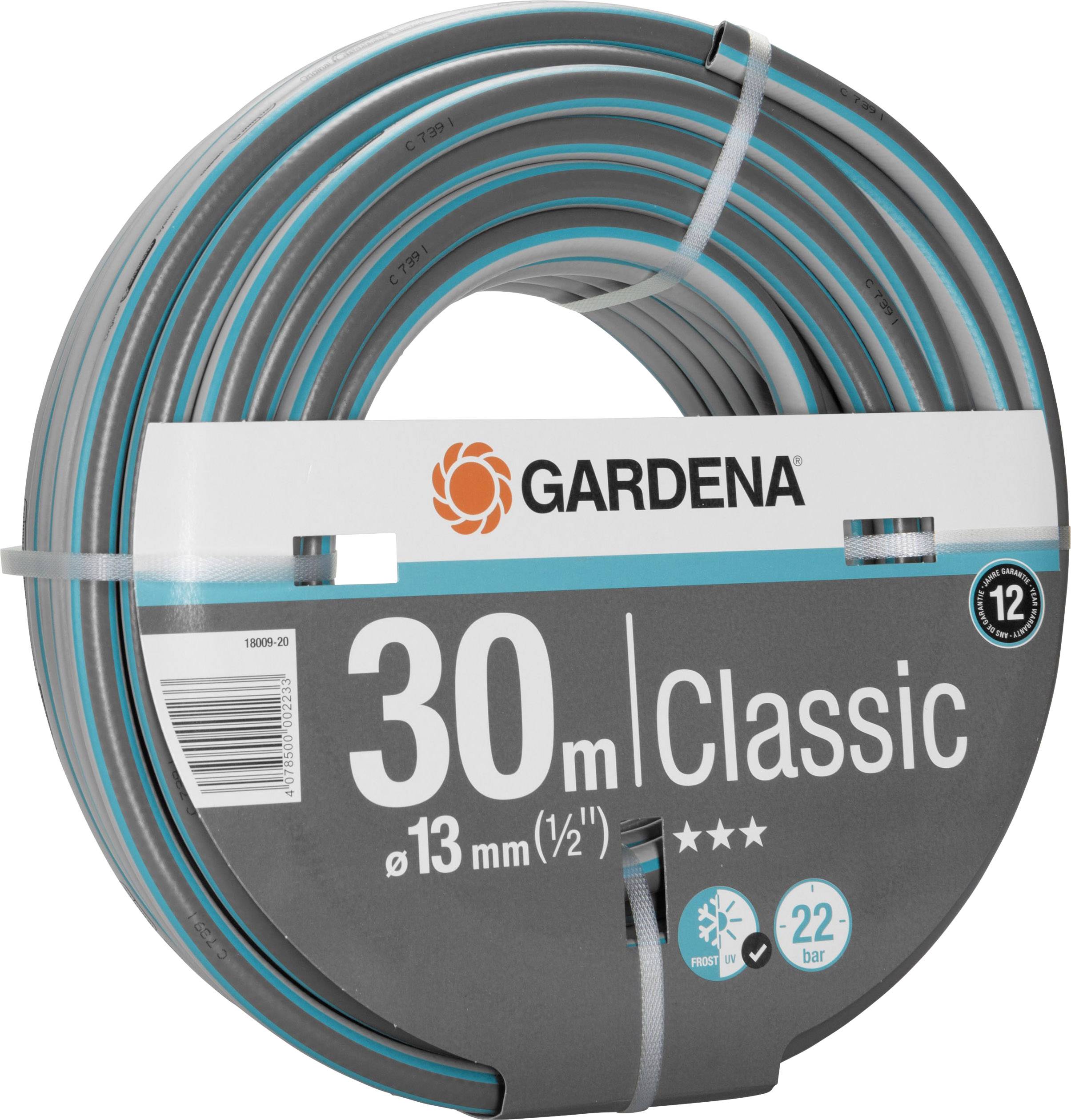 Haveslange fra Gardena, 30 meter, Classic, diameter 13 mm, egnet til op til 22 bar tryk, tredobbelt stjernebedømmelse.