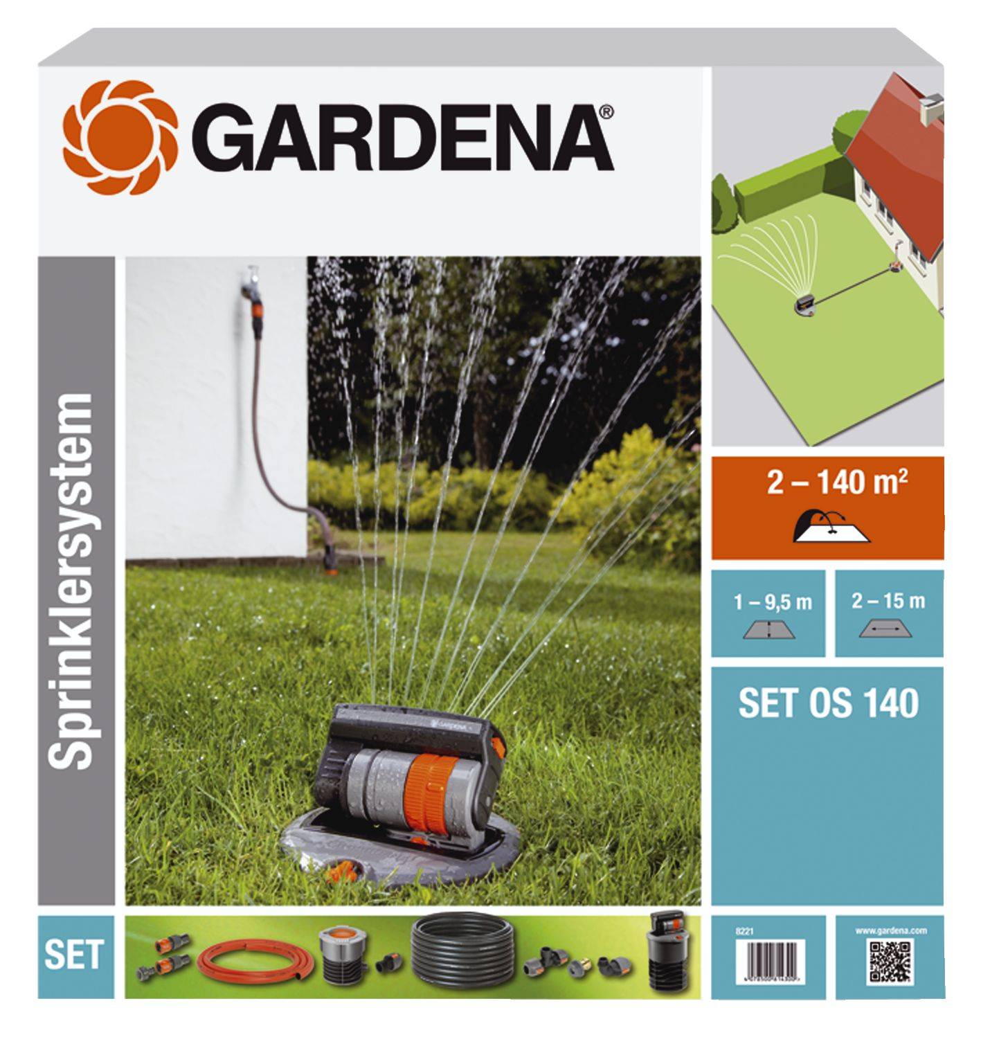 Gardena sprinklersystem til vanding af arealer op til 140 m². Indeholder sprinklere, slanger og tilslutninger, vist foran et hus.