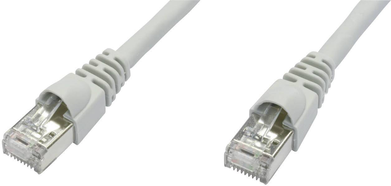 To RJ45 Ethernet-kabler i grå farve med metalstik, stikkerne vendt mod hinanden.