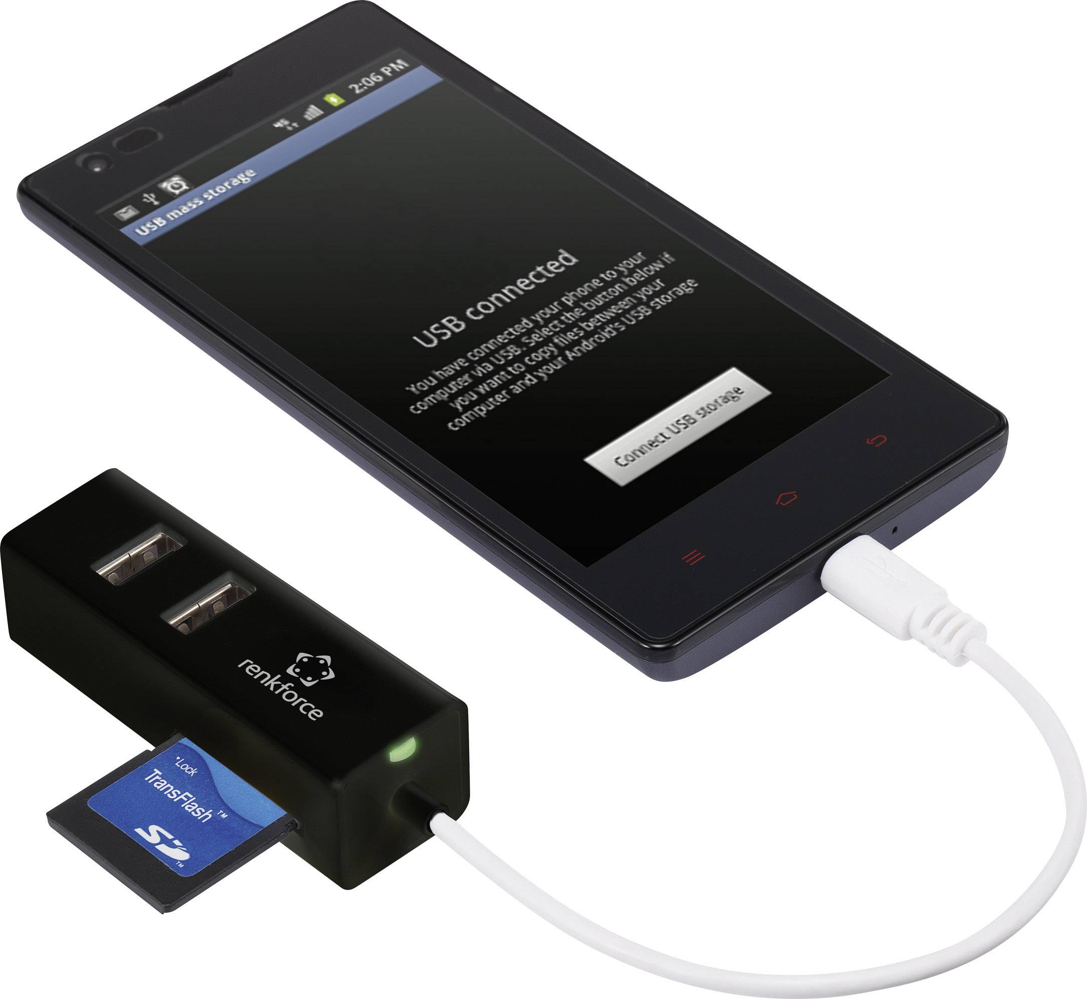 Smartphone med tilsluttet kortlæser via USB-kabel, SD-kortet registreres. Displayet viser 'USB forbundet' og hukommelsesadgang.