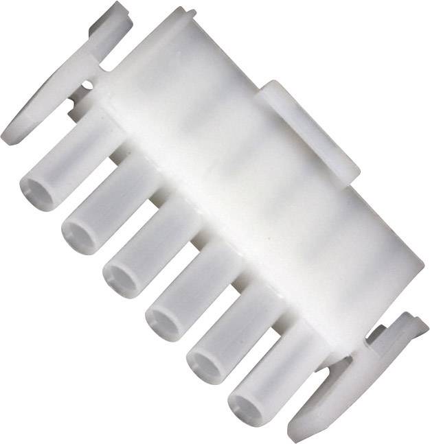 En hvid, sekspindet plastikstik, muligvis til elektroniske forbindelser, vist fra en sideflade.