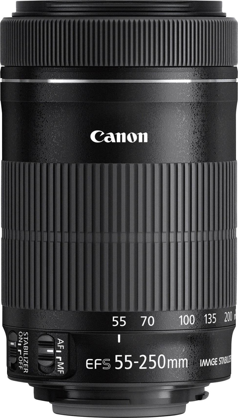 Et sort kamera-objektiv med påskriften 'Canon' og 'EFS 55-250mm'. Det har billedstabilisering og en zoomring.