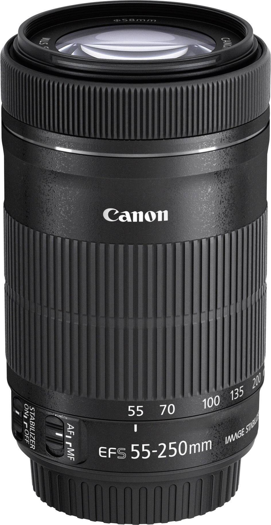 Canon Objektiv EFS 55-250mm, sort, zoomområde markeret, egnet til digitale spejlreflekskameraer.