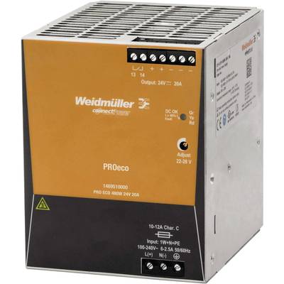   Weidmüller  PRO ECO 480W 24V 20A  Strømforsyning til DIN-skinne (DIN-rail)    24 V/DC  20 A  480 W  Antal udgange:1 x 