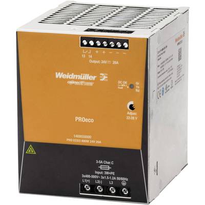   Weidmüller  PRO ECO3 480W 24V 20A  Strømforsyning til DIN-skinne (DIN-rail)    12 V/DC  20 A  480 W  Antal udgange:1 x