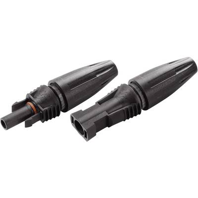 To schwarze plastikstik-forbindere ligger ved siden af hinanden, med riflet design og markant form.