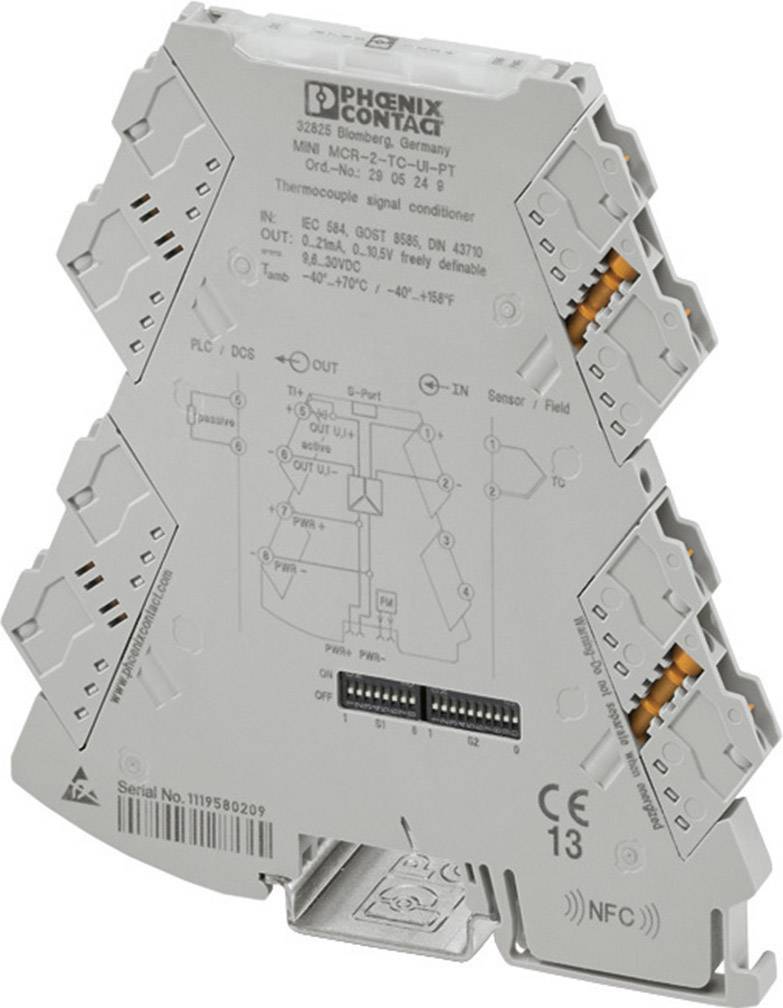 Elektronisk komponent fra Phoenix Contact, model MINI MCR-2-UI-2-PT, med tilslutningsklemmer og teknisk diagram på forsiden.