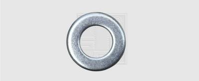 Metalskive med stor indvendig diameter, ofte brugt som underlagsskive. Baggrund enkel grå.