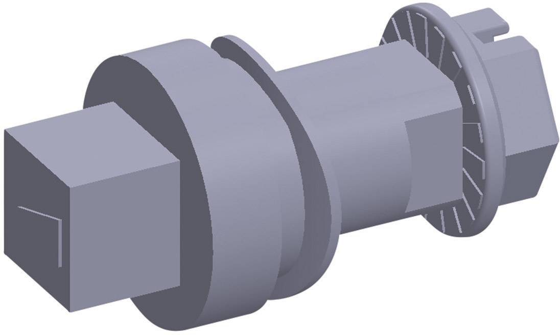 En 3D-model af et mekanisk komponent med cylindrisk form, forsynet med to forskellige ender - den ene kvadratisk, den anden rund med et radialt mønster.