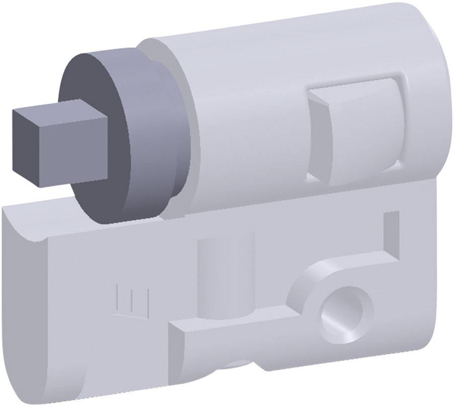 Illustration af en profilcylinder til dørlåse, i grå farve, med afrundet ende og rektangulær profil i den anden ende.