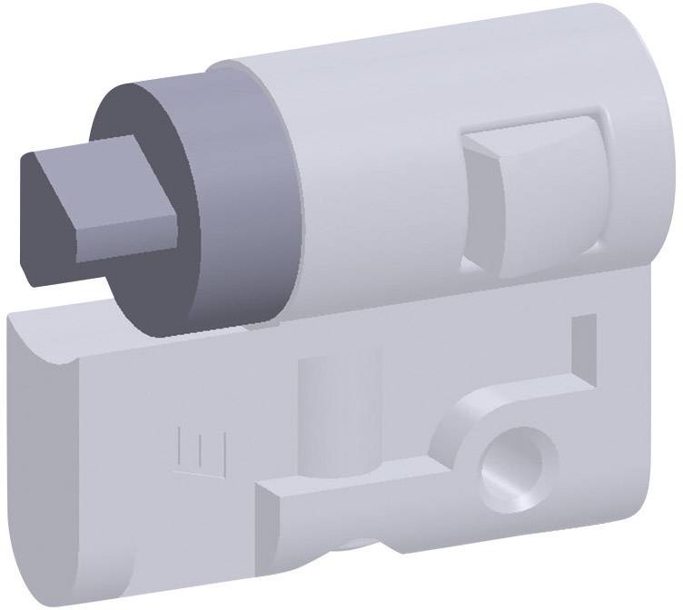 3D-fremstilling af et hvidt hængsel med cylindrisk stift og rektangulær udskæring, monteret på en rektangulær basisenhed.