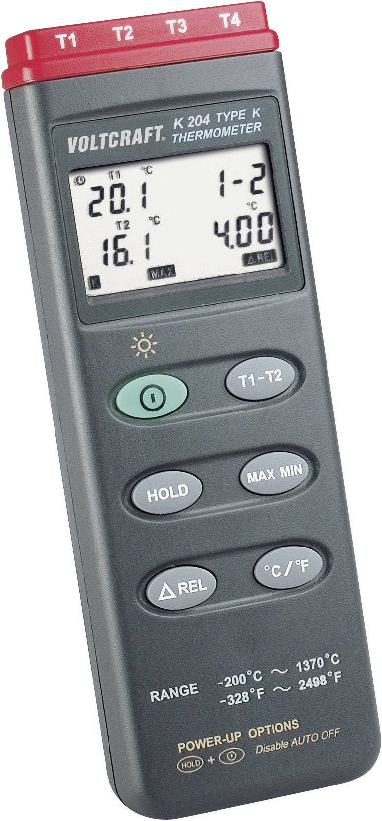 Bærbart digitalt termometer med et LCD-display, der viser temperaturer i Celsius og Fahrenheit. Fire betjeningstaster.