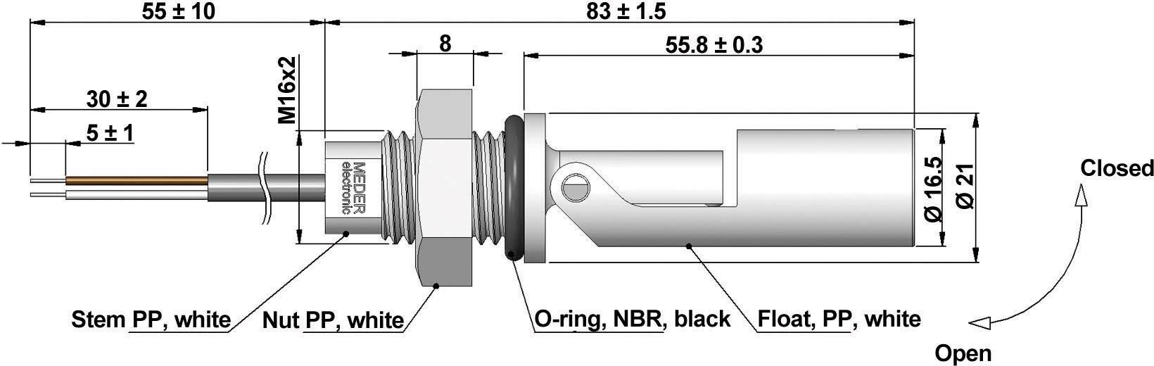 Teknisk tegning af en sensor med mål. Viser betegnelser som 'Stem PP, hvid', 'Not PP, hvid', 'O-ring, NBR, sort'.