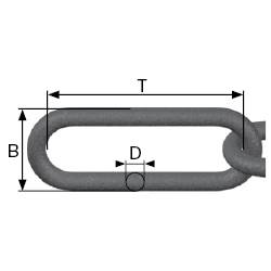 Målskitse af en kæde: Længden af led (T), højde (B) og diameter (D) af kædeleddene er angivet.