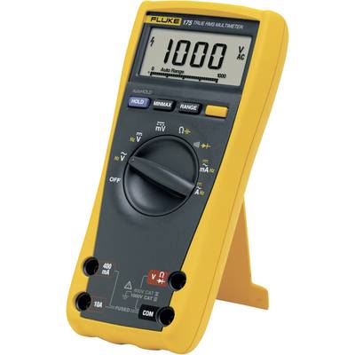 Et digitalt multimeter med gult hus viser en måleværdi på '1000 V AC' på displayet, omgivet af drejeomskifter og knapper.