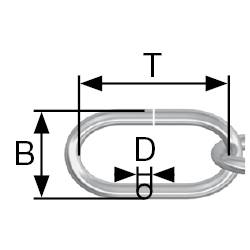 Diagram over en kæde med målene: B (højde), T (bredde) og D (diameter). Pile viser de respektive dimensioner.