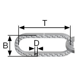 Illustration af en kæde med måleangivelser: Bredde 'B', diameter 'D' og længde 'T' er markeret. Teknisk illustration.