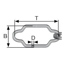 Kædeleddiagram med etiketter: 'T' for kædeleddets åbningslængde, 'B' for bredde, 'D' for diameter.