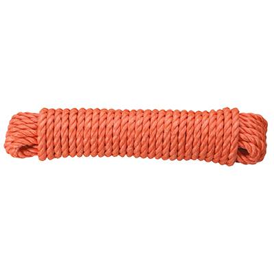 Et orange, fast sammenrullet reb ligger vandret. Det fremstår ensartet og pænt oprullet.
