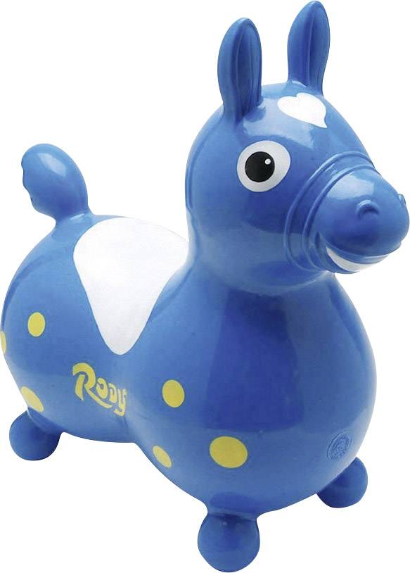 Et blåt oppusteligt hoppedyr i form af en hest med gule pletter.