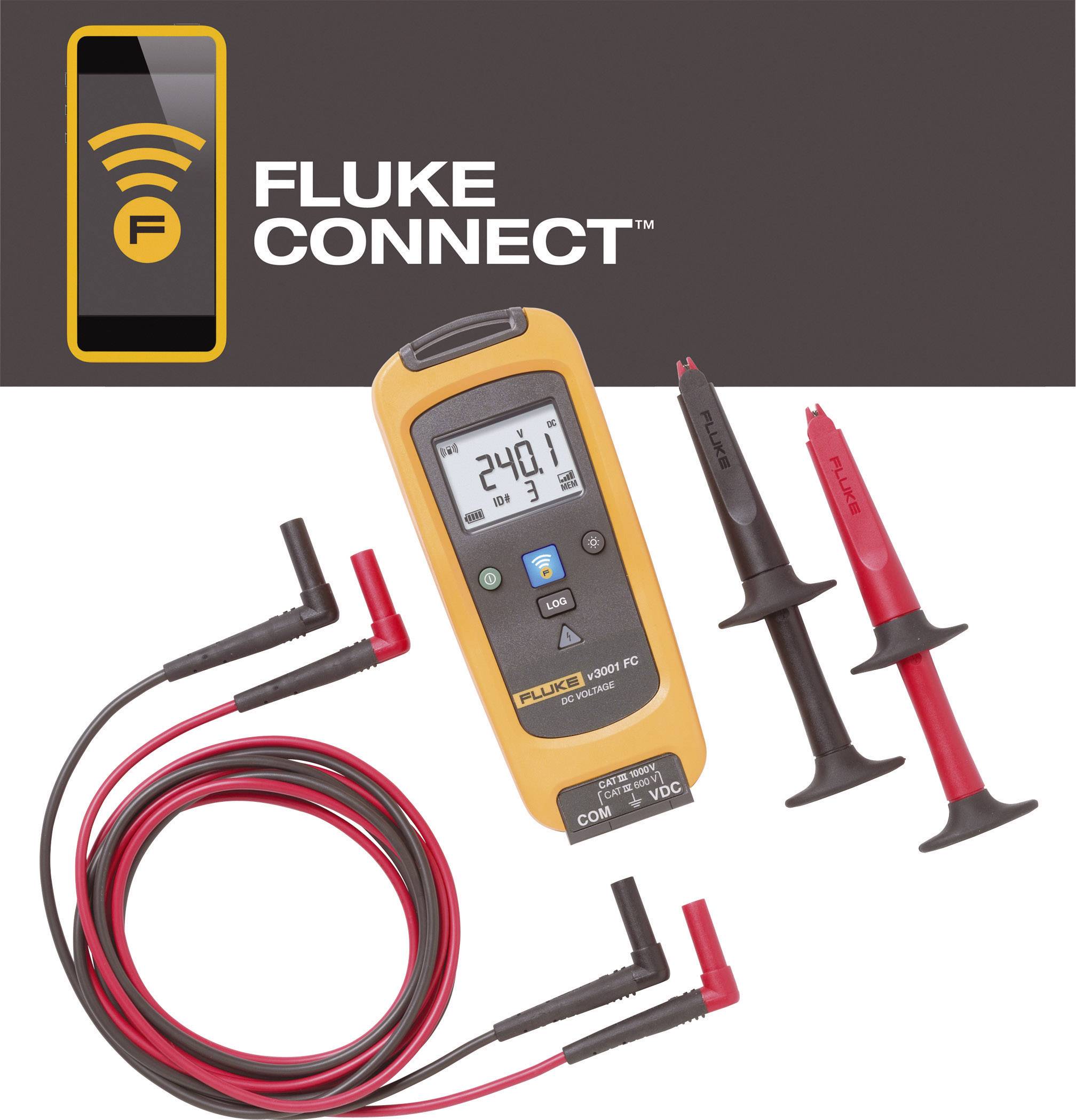 Et multimeter med testkabel og målepropper viser '24.01' på displayet. Øverst til venstre ses logoet 'Fluke Connect'.