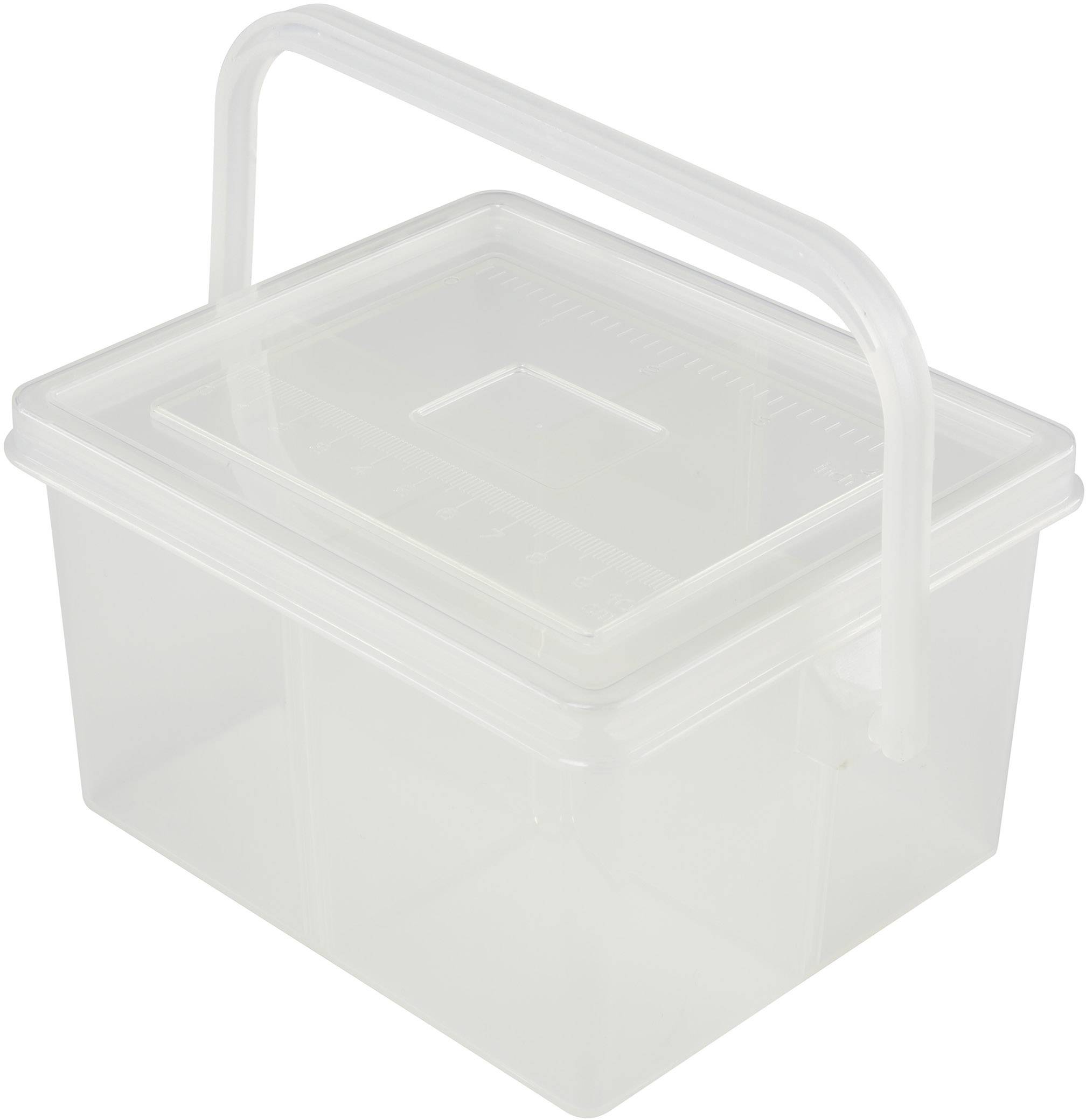 Gennemsigtig plastboks med låg og håndtag, egnet til opbevaring af små genstande eller fødevarer.