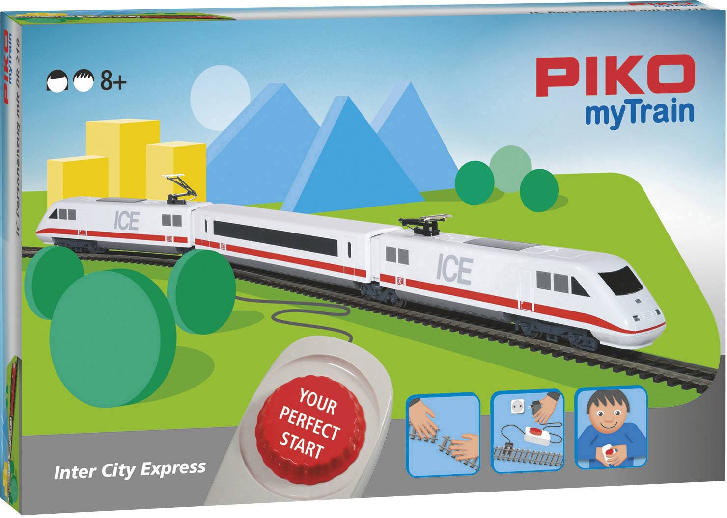 Legetøjsemballage 'PIKO myTrain Inter City Express' med ICE-togsæt, anbefalet fra 8 år. Indeholder billeder af hænder, der monterer dele.