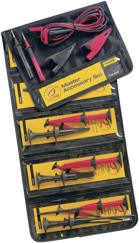 'Master Accessory Set' fra Fluke med forskellige testspidser og krokodilklemmer organiseret i et etui.