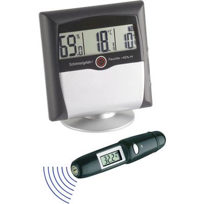 Digitalt hygrometer og termometer med displayvisning: '69% RF' og '18,1°C'. Lille håndholdt enhed viser '32,2°C'.