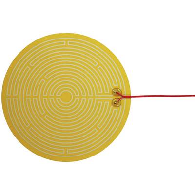 En rund, gul temperatursensor med spiralformet mønster og to røde forbindelsesledninger.