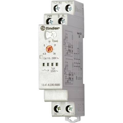 Tidsrelæ med indstillingsskala og elektrisk koblingsskema, egnet til 110-230 V, op til 16 A. Mærke- og modelidentifikation synlig.