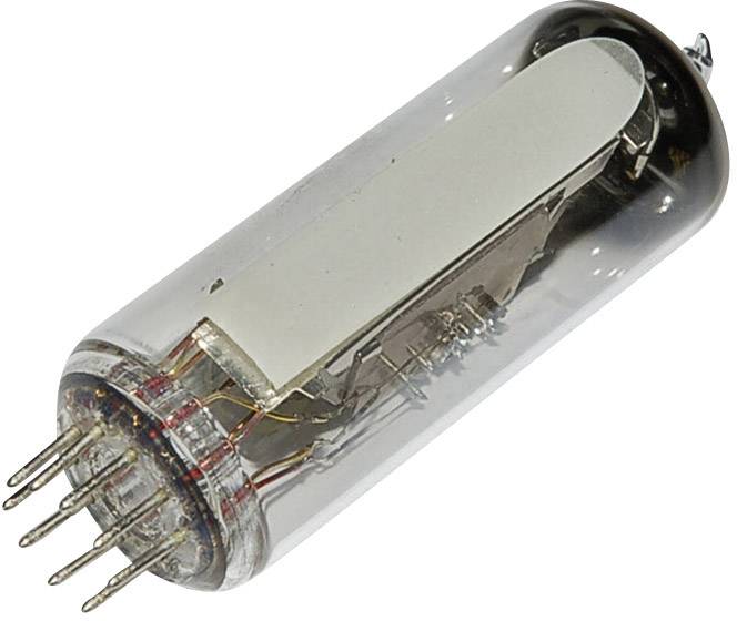Et glasrør med flere metalstifter i den ene ende, sandsynligvis en elektronisk komponent som et vakuumrør.