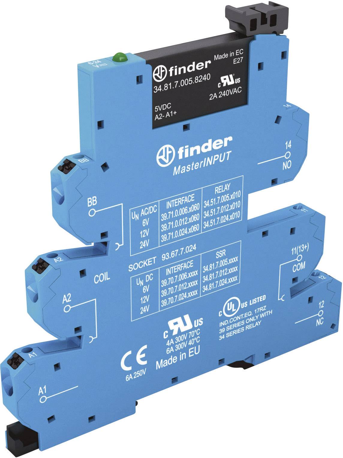 'Blåt Finder-relæmodul, modelnummer 34.81.7.005.8240, med tekniske specifikationer og elektriske tilslutninger.'