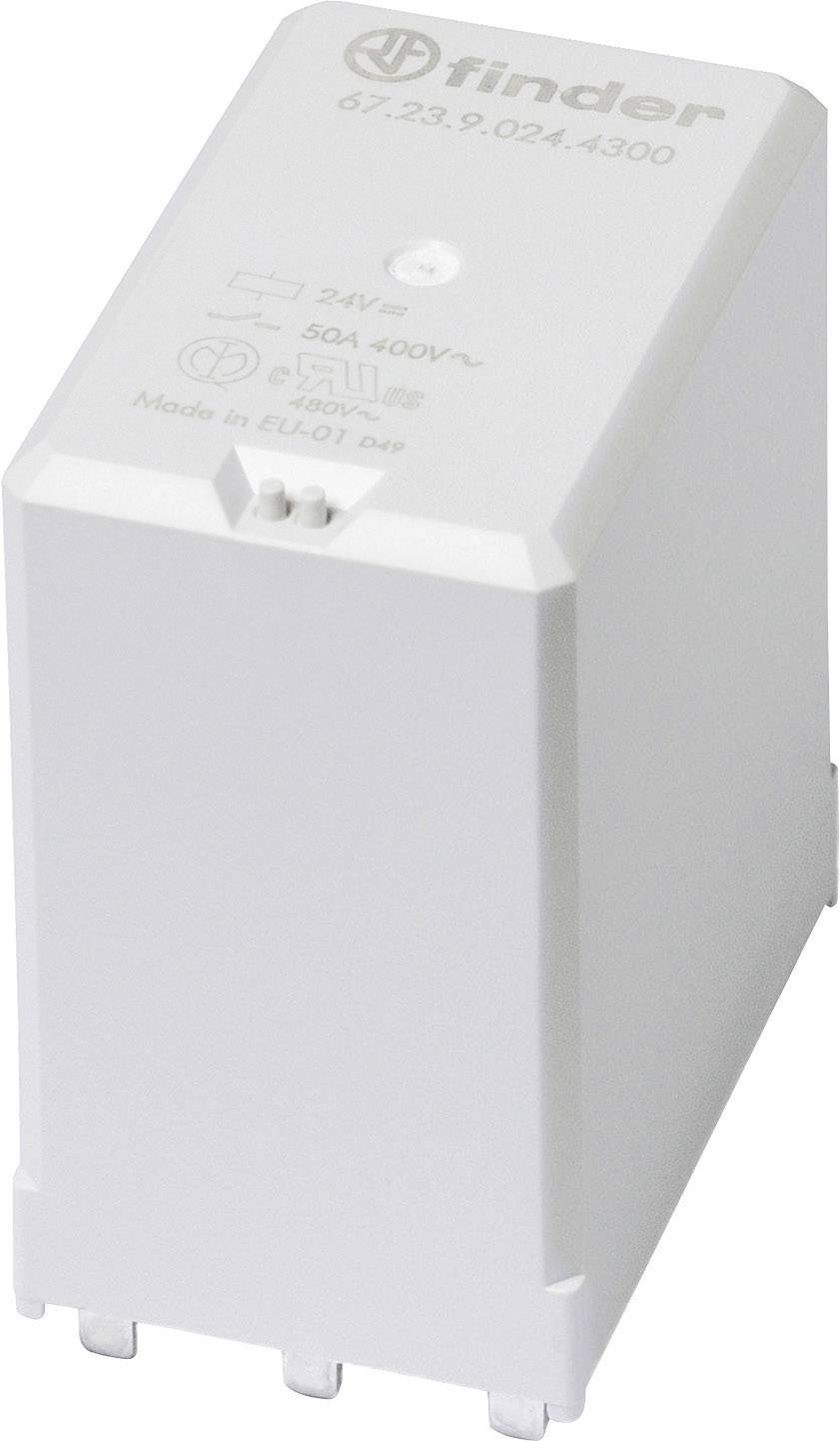 Et hvidt elektrisk relæ fra mærket Finder, model 67.23.9.024.4300, 24V med 50A 400V~ specifikationer, fremstillet i EU.