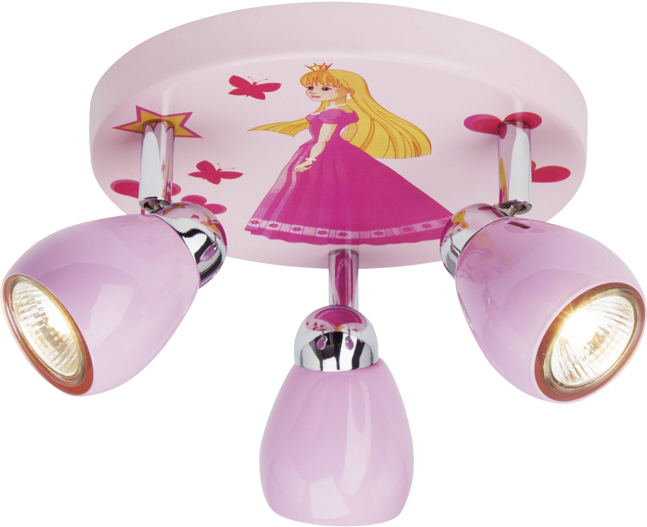En lyserød loftlampe med tre spots og et prinsessemotiv på soklen.