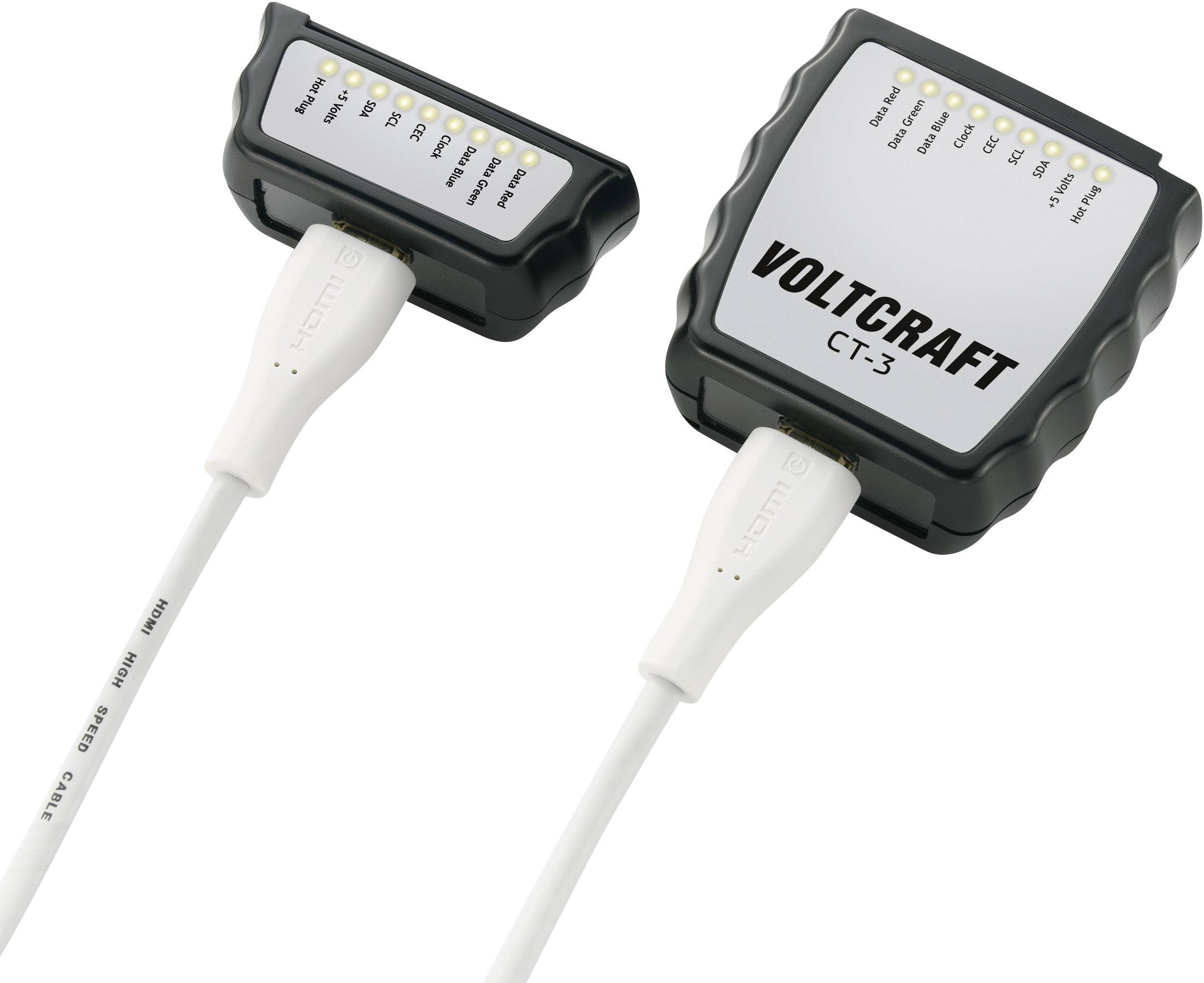 Fremstilling af to elektriske testenheder fra VOLTCRAFT CT-3, forbundet med et kabel. LED-indikatorer på hver enhed lyser.
