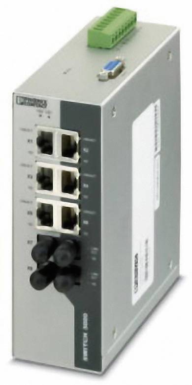 En Ethernet-switch med to rækker netværksporte og en grøn port øverst til strøm- eller dataforsyning.
