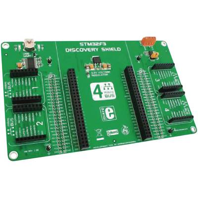 Grønt printplade med påskriften 'STM32F3 DISCOVERY SHIELD', med flere tilslutninger og stik til elektroniske komponenter.