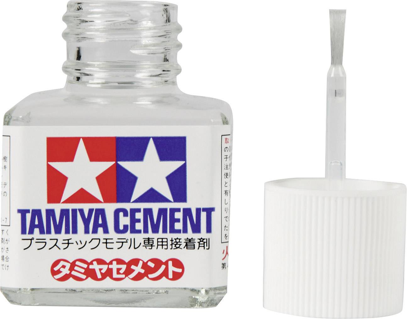 En flaske Tamiya-cement til plastikmodelbyggeri med en penselhætte, kendt for sine nøjagtige modelsamlinger.
