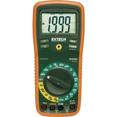 Digitalt multimeter med orange-grønt kabinet viser '-1999' på displayet. Forskellige indstillingsmuligheder for spænding og modstand.