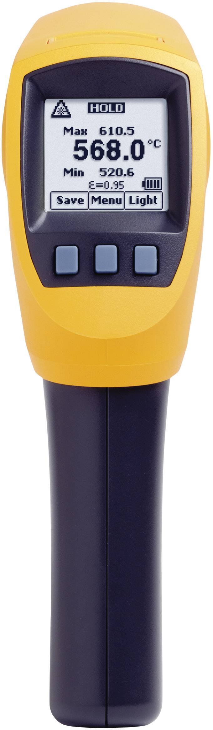 Digitalt infrarødt termometer med gult hus viser en temperatur på 568,0°C. Tre taster: 'Gem', 'Menu', 'Lys'.