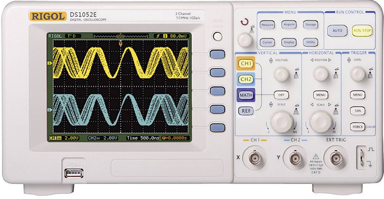 Rigol DS1052E Digitalt-oscilloskop Kalibreret (SCS akkrediteret laboratorium (SCS)) 50 MHz 2-kanals 500 MSa/s 512 kpts 8 Bit Digital hukommelse (DSO) 1 stk