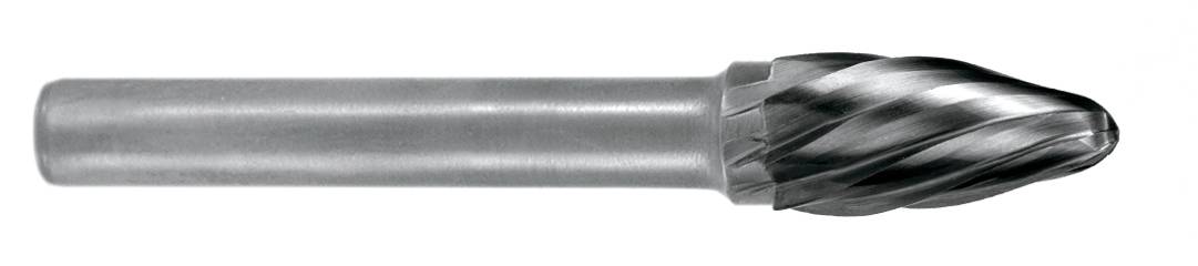 Metalbor med cylindrisk skaft og oval top, velegnet til slibning og formning af hårde metaller.